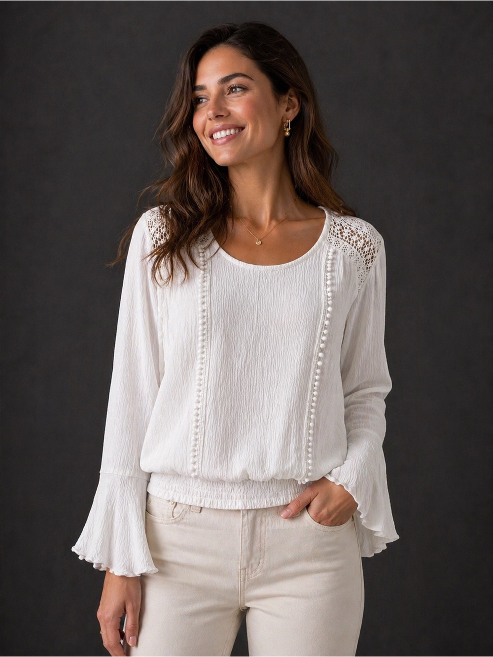 Express White Lace-Shoulder Peasant Blouse
